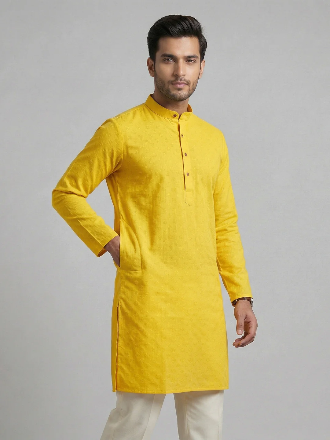 Men Cotton Medium Length Self Design Pocket Kurta Yellow D5