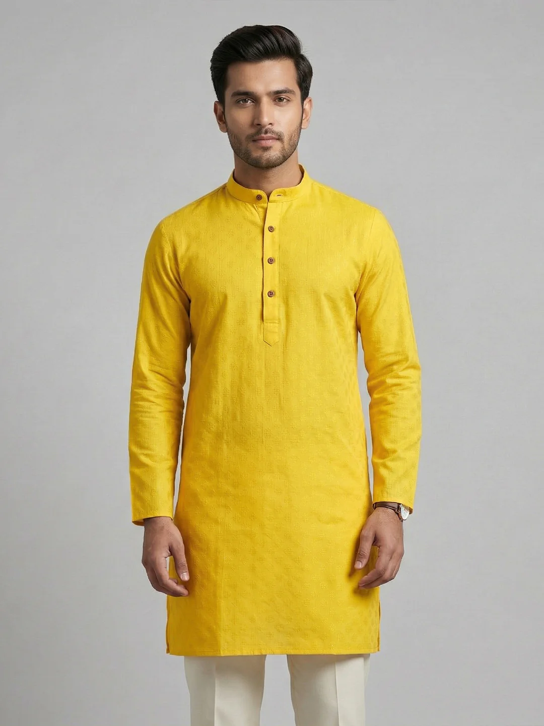 Men Cotton Medium Length Self Design Pocket Kurta Yellow D5 - Image 2