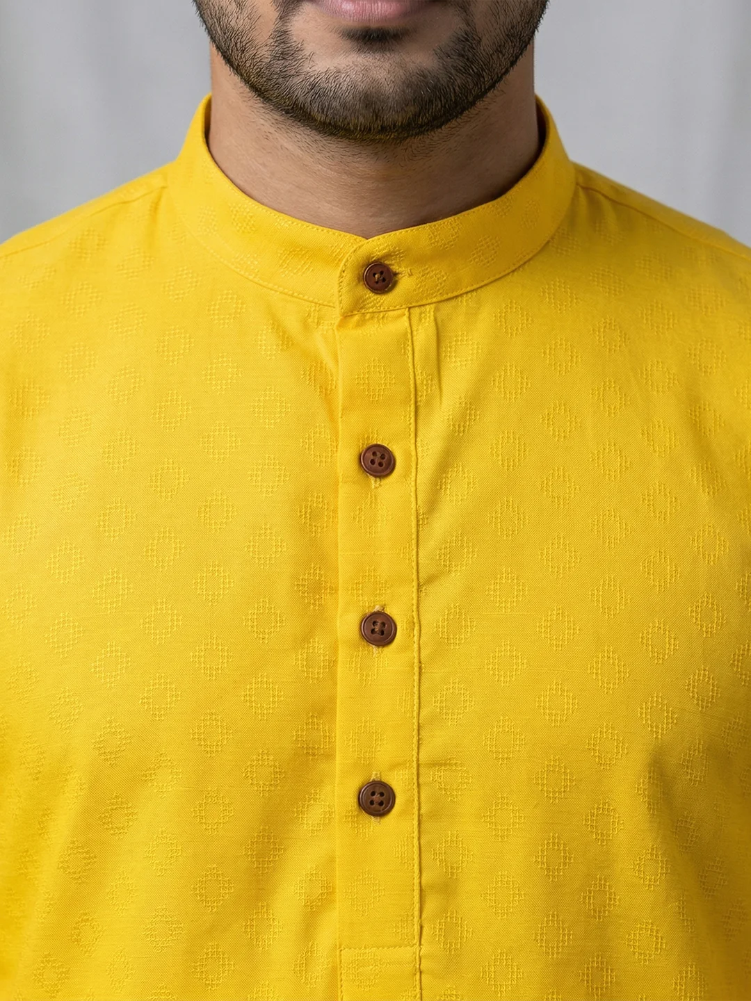 Men Cotton Medium Length Self Design Pocket Kurta Yellow D5 - Image 3