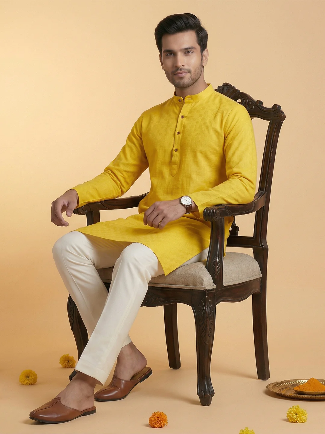 Men Cotton Medium Length Self Design Pocket Kurta Yellow D5 - Image 4