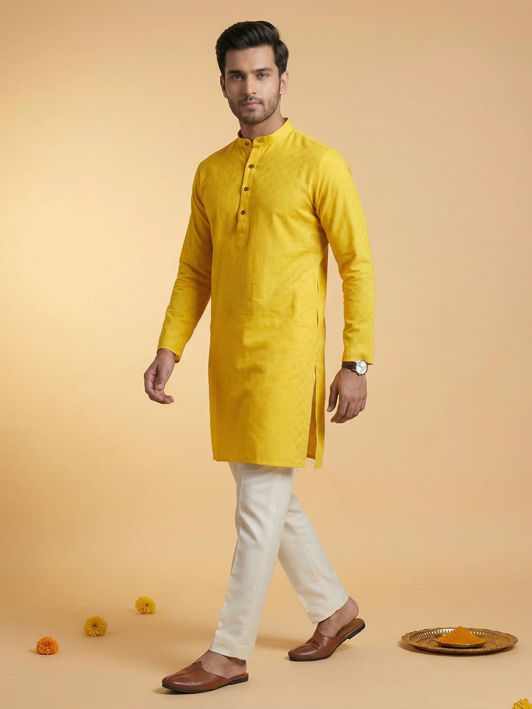 Men Cotton Medium Length Self Design Pocket Kurta Yellow D5 - Image 5