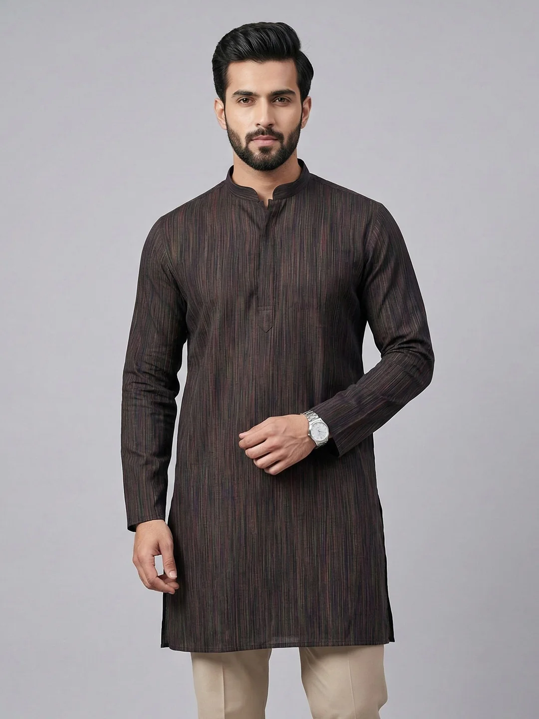 Men Cotton Medium Length Striped Pocket Kurta Brownish Black PE24 - Image 2