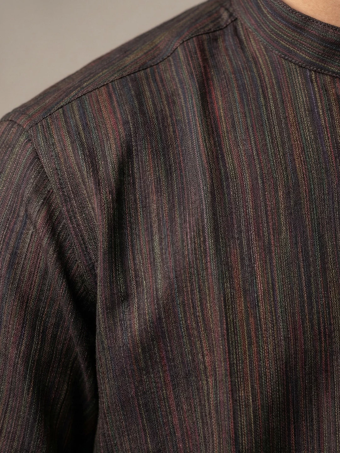 Men Cotton Medium Length Striped Pocket Kurta Brownish Black PE24 - Image 3