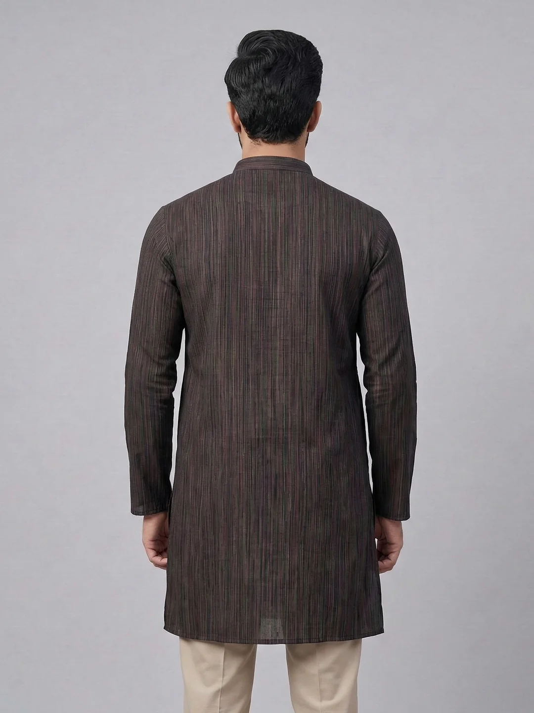 Men Cotton Medium Length Striped Pocket Kurta Brownish Black PE24 - Image 4