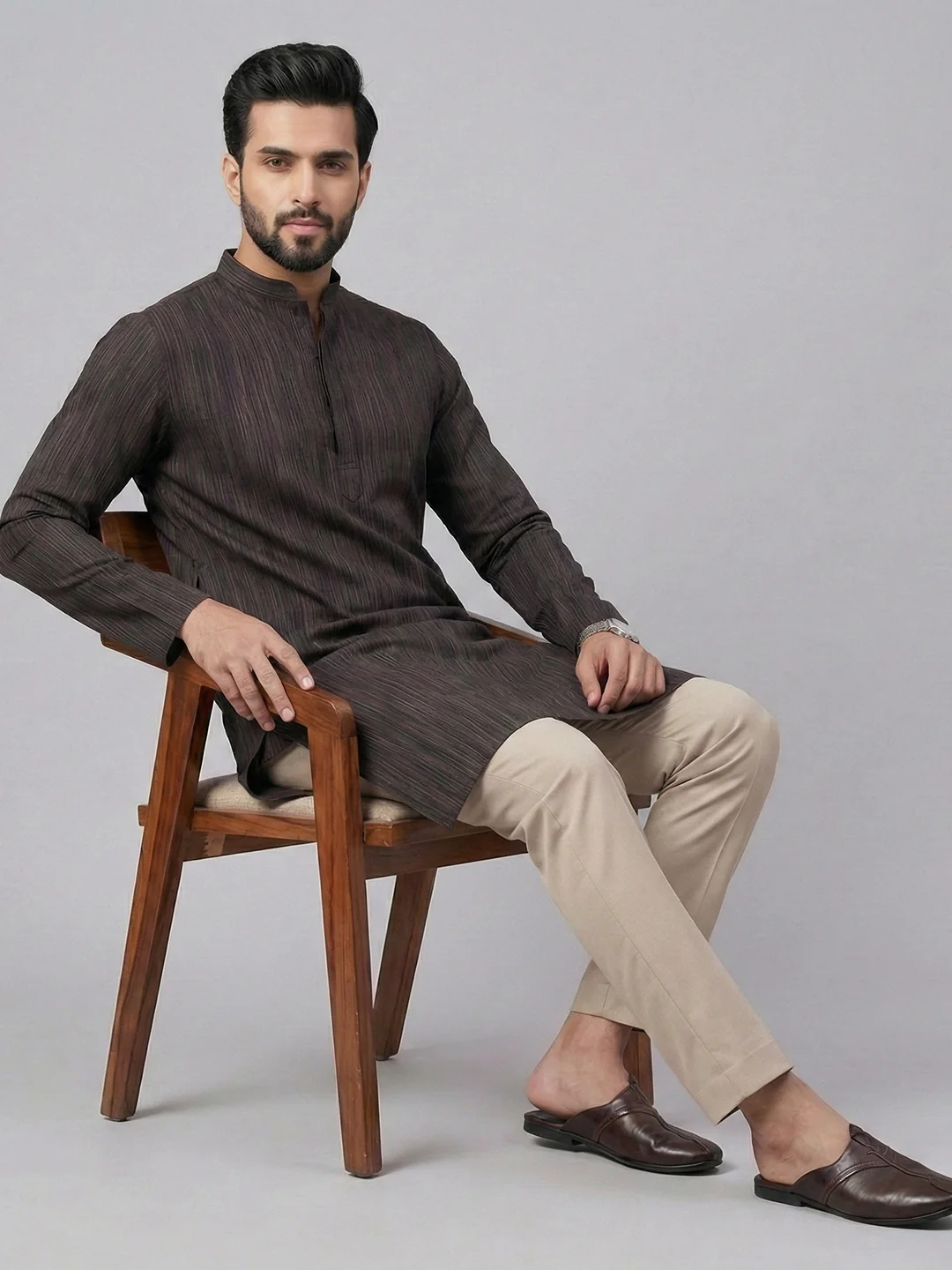Men Cotton Medium Length Striped Pocket Kurta Brownish Black PE24 - Image 5