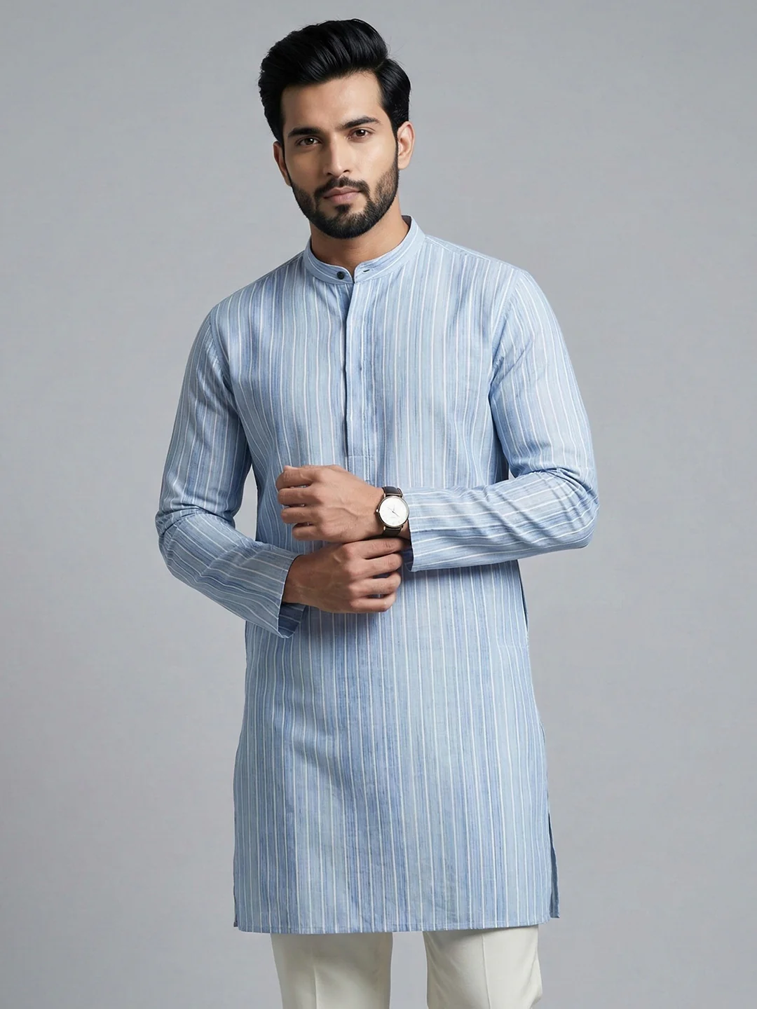 Men Cotton Medium Length Striped Pocket Kurta Light Blue RN53 - Image 2
