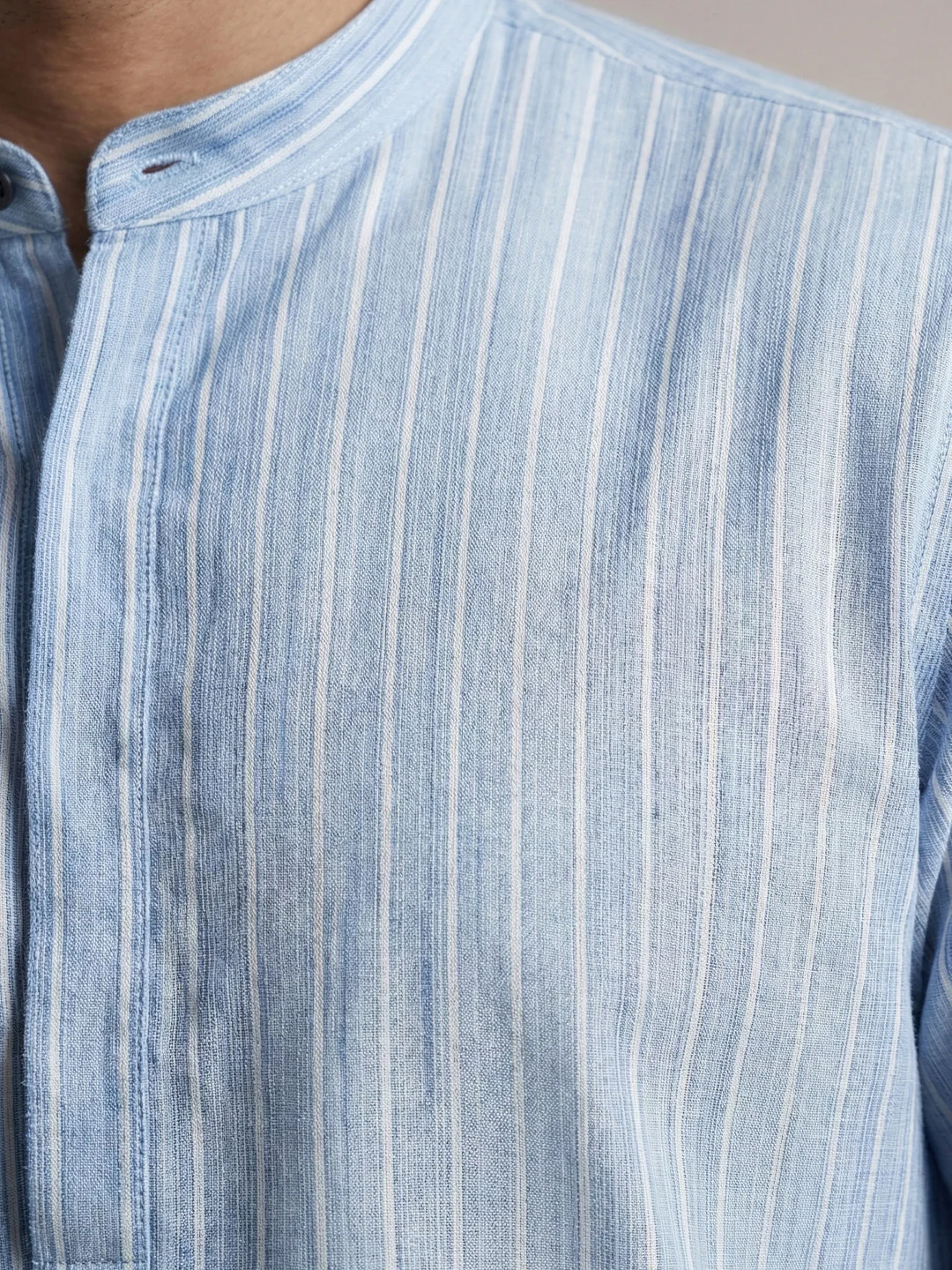 Men Cotton Medium Length Striped Pocket Kurta Light Blue RN53 - Image 3