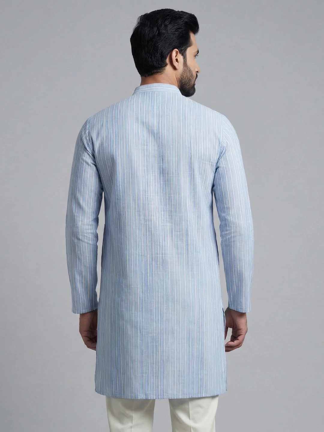 Men Cotton Medium Length Striped Pocket Kurta Light Blue RN53 - Image 4