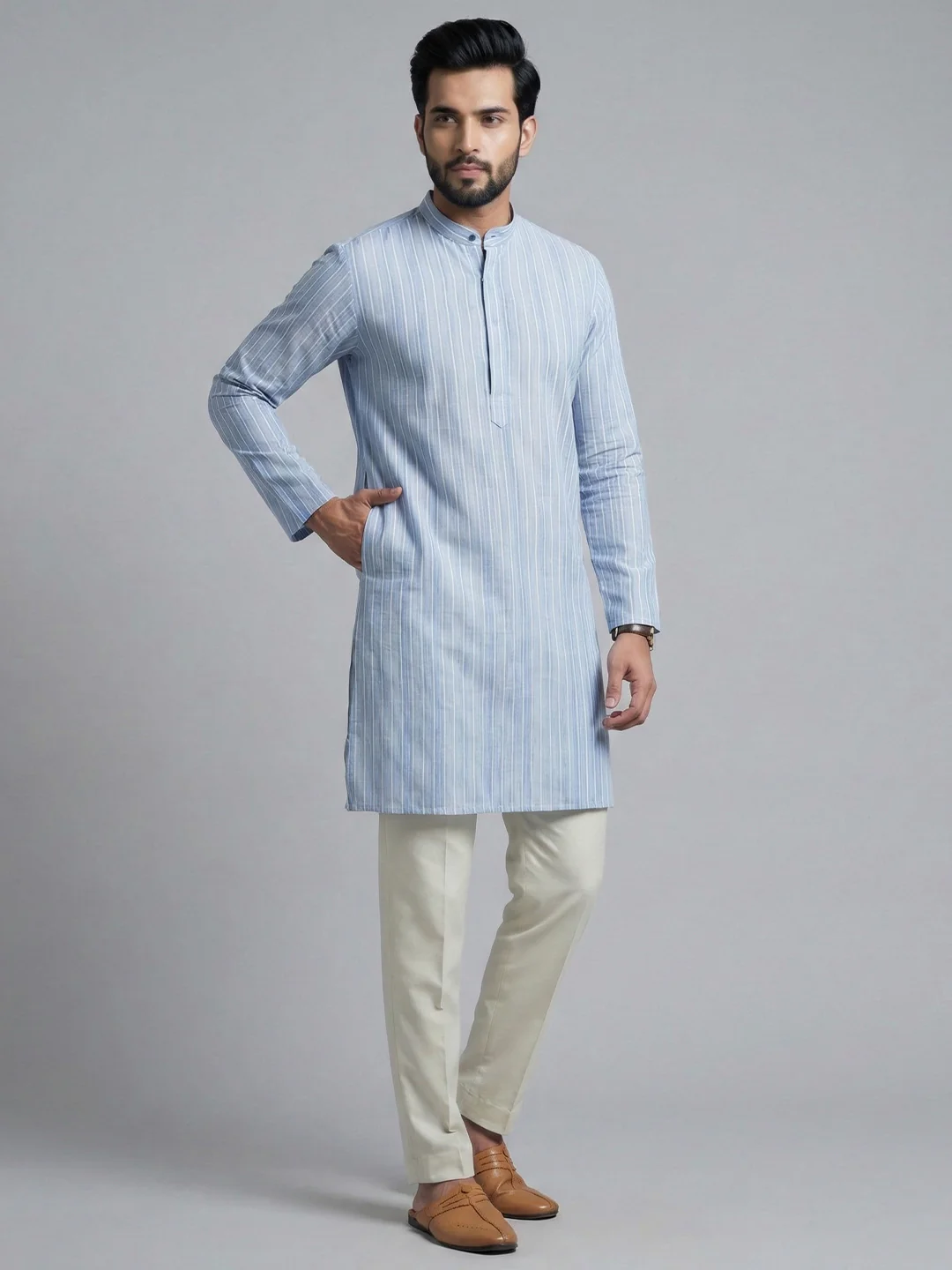 Men Cotton Medium Length Striped Pocket Kurta Light Blue RN53 - Image 5