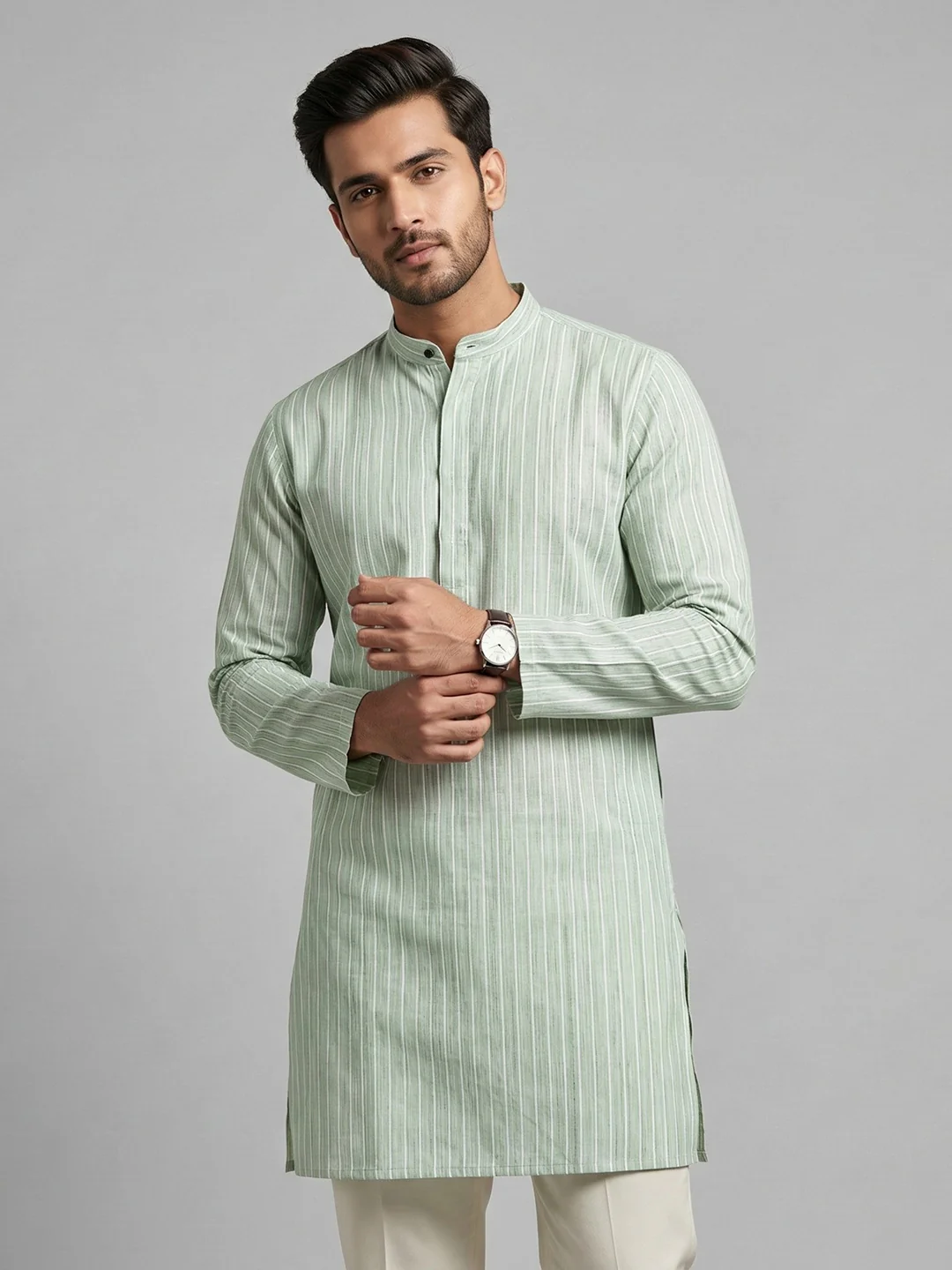 Men Cotton Medium Length Striped Pocket Kurta Light Green RN50 - Image 2