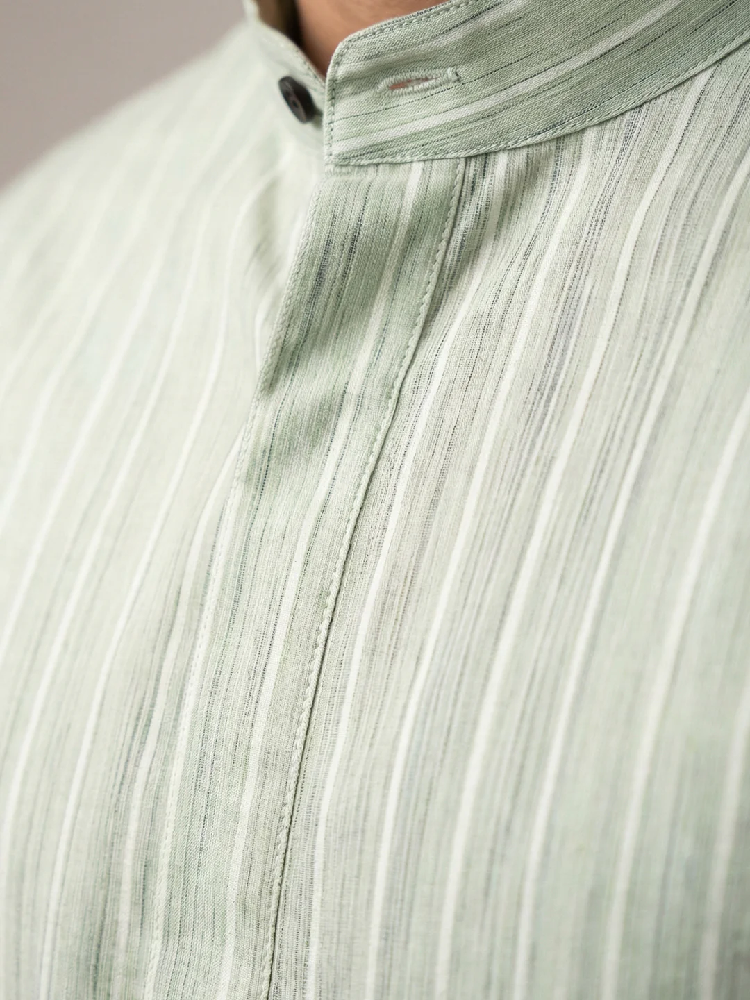 Men Cotton Medium Length Striped Pocket Kurta Light Green RN50 - Image 3