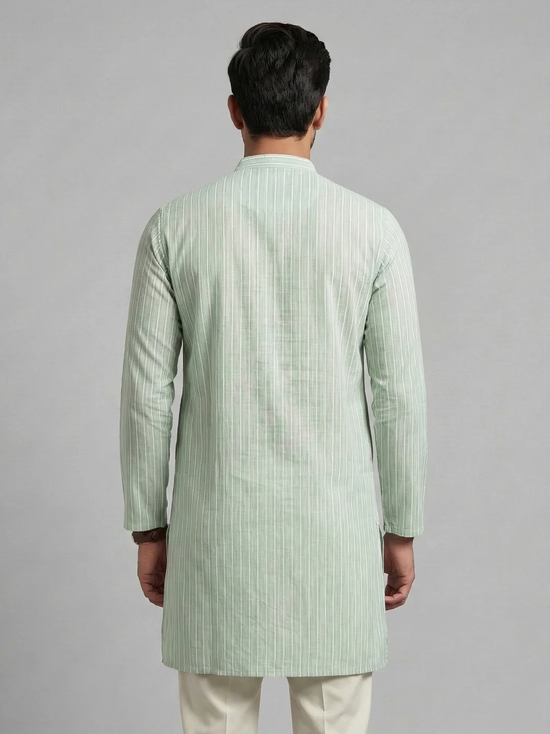 Men Cotton Medium Length Striped Pocket Kurta Light Green RN50 - Image 4