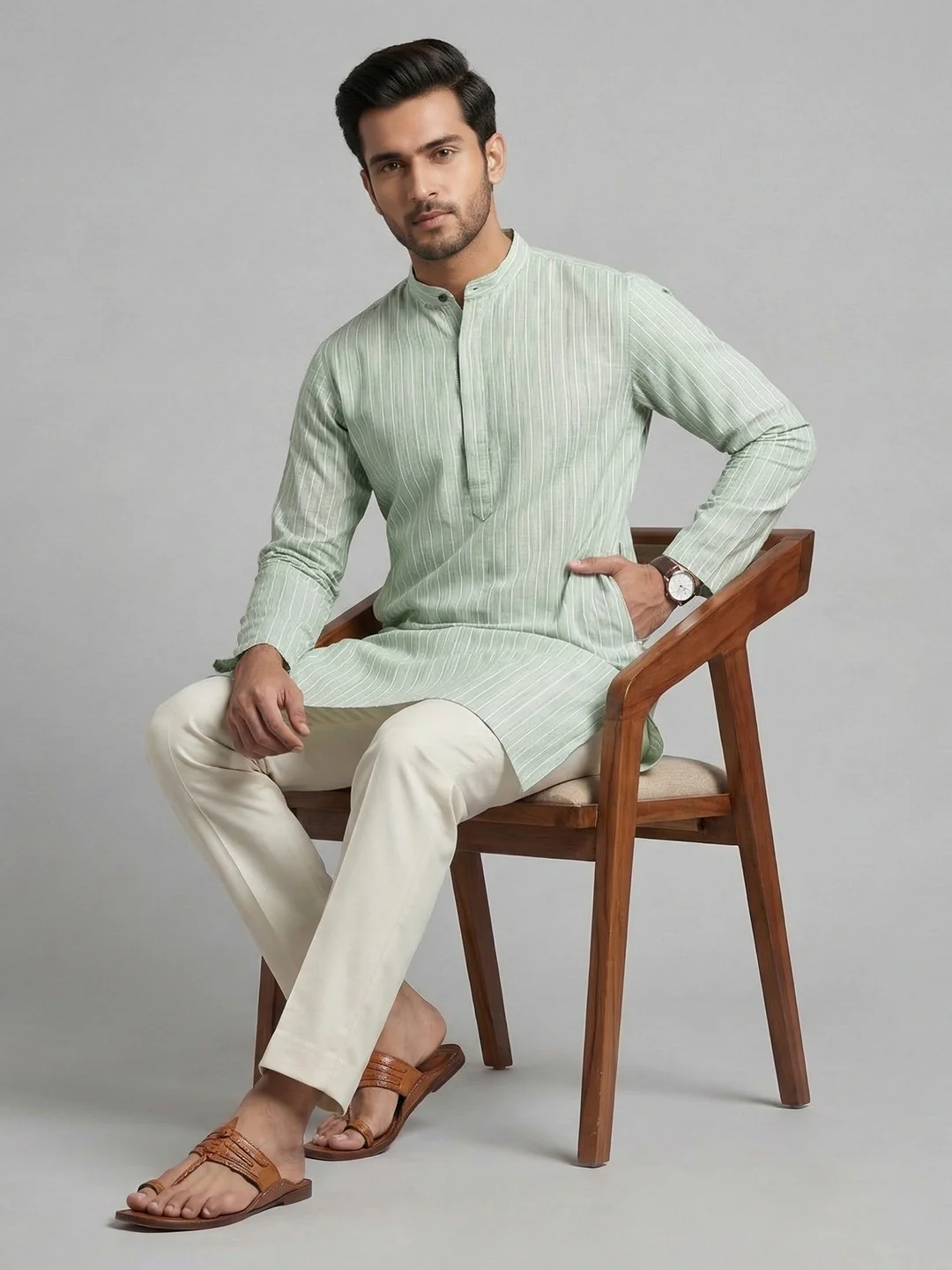 Men Cotton Medium Length Striped Pocket Kurta Light Green RN50 - Image 5