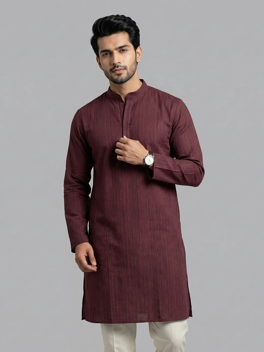 Men Cotton Medium Length Striped Pocket Kurta Maroon RN41 - Image 2