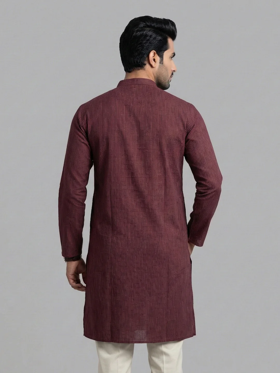 Men Cotton Medium Length Striped Pocket Kurta Maroon RN41 - Image 4