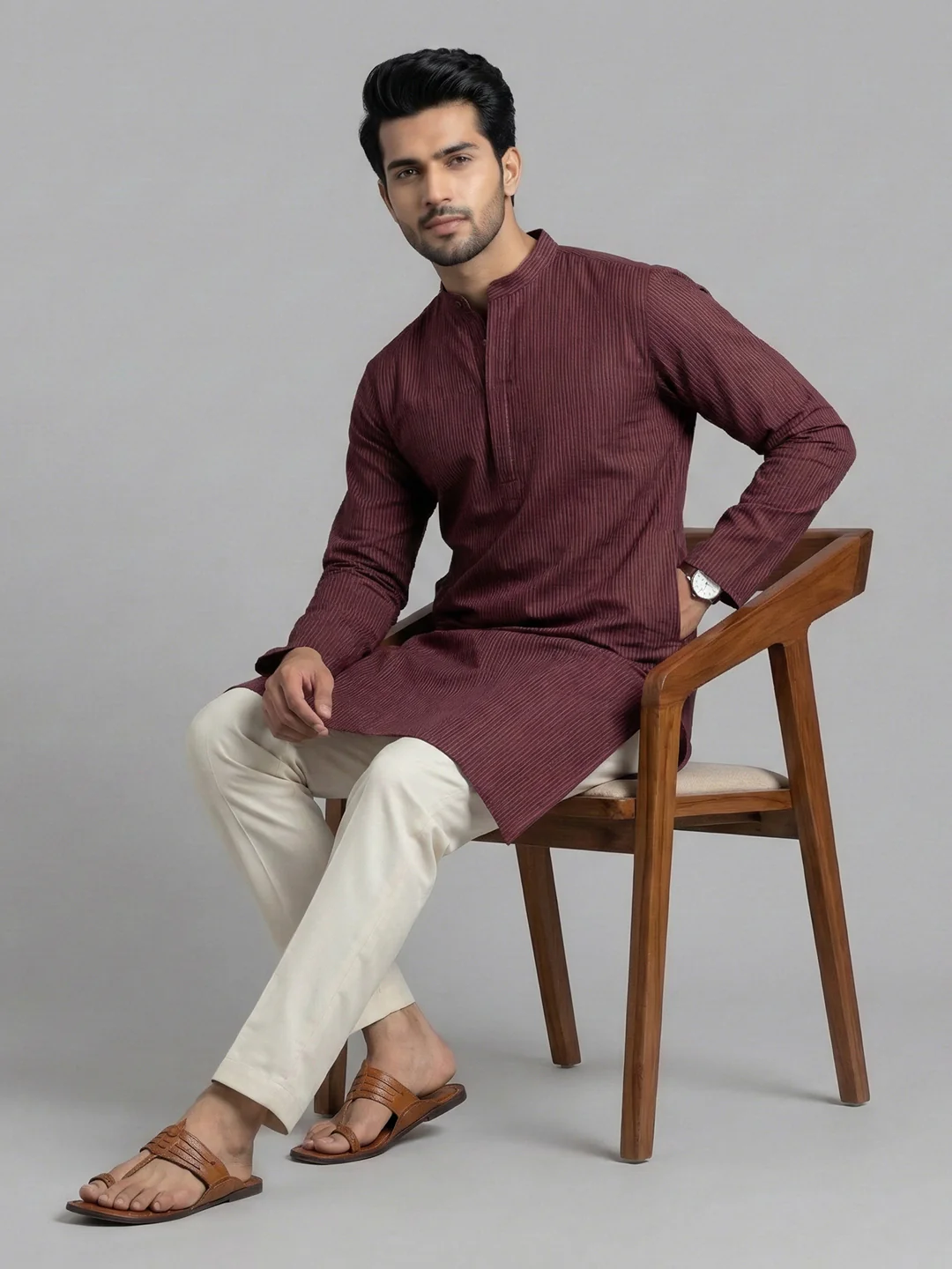 Men Cotton Medium Length Striped Pocket Kurta Maroon RN41 - Image 5