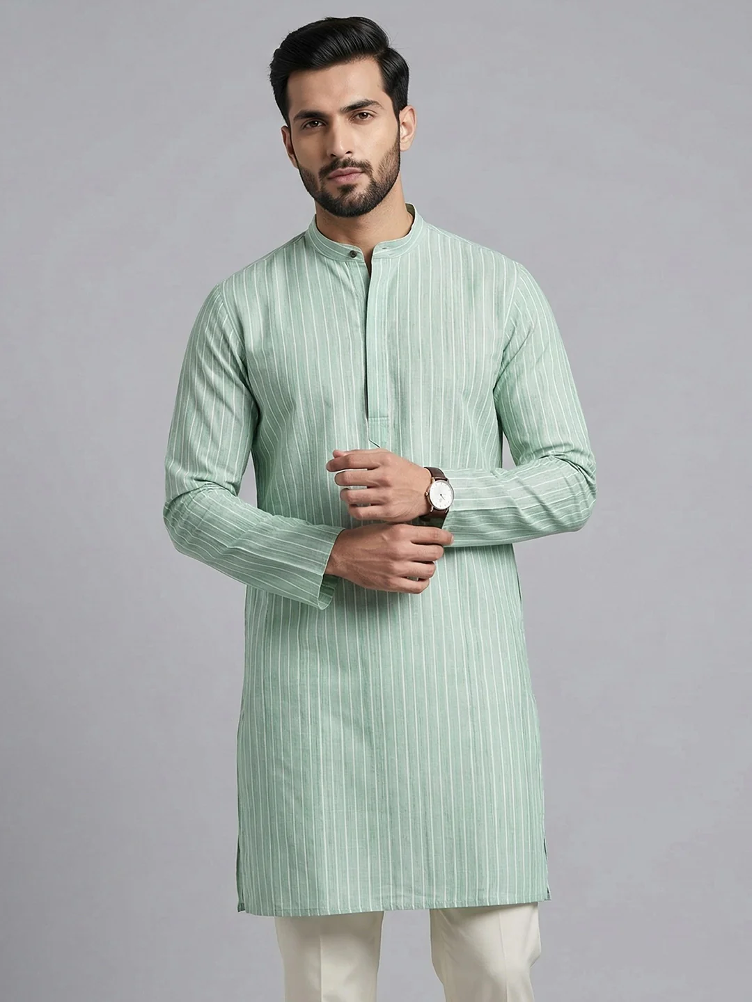 Men Cotton Medium Length Striped Pocket Kurta Pale Green RN51 - Image 2