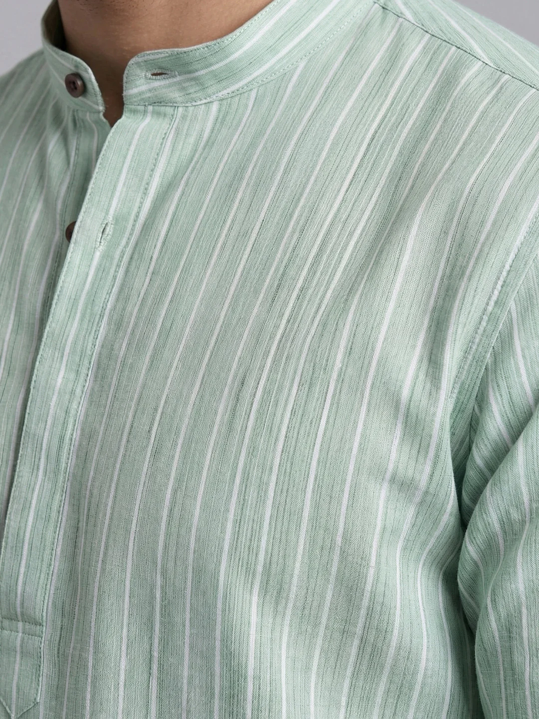 Men Cotton Medium Length Striped Pocket Kurta Pale Green RN51 - Image 3