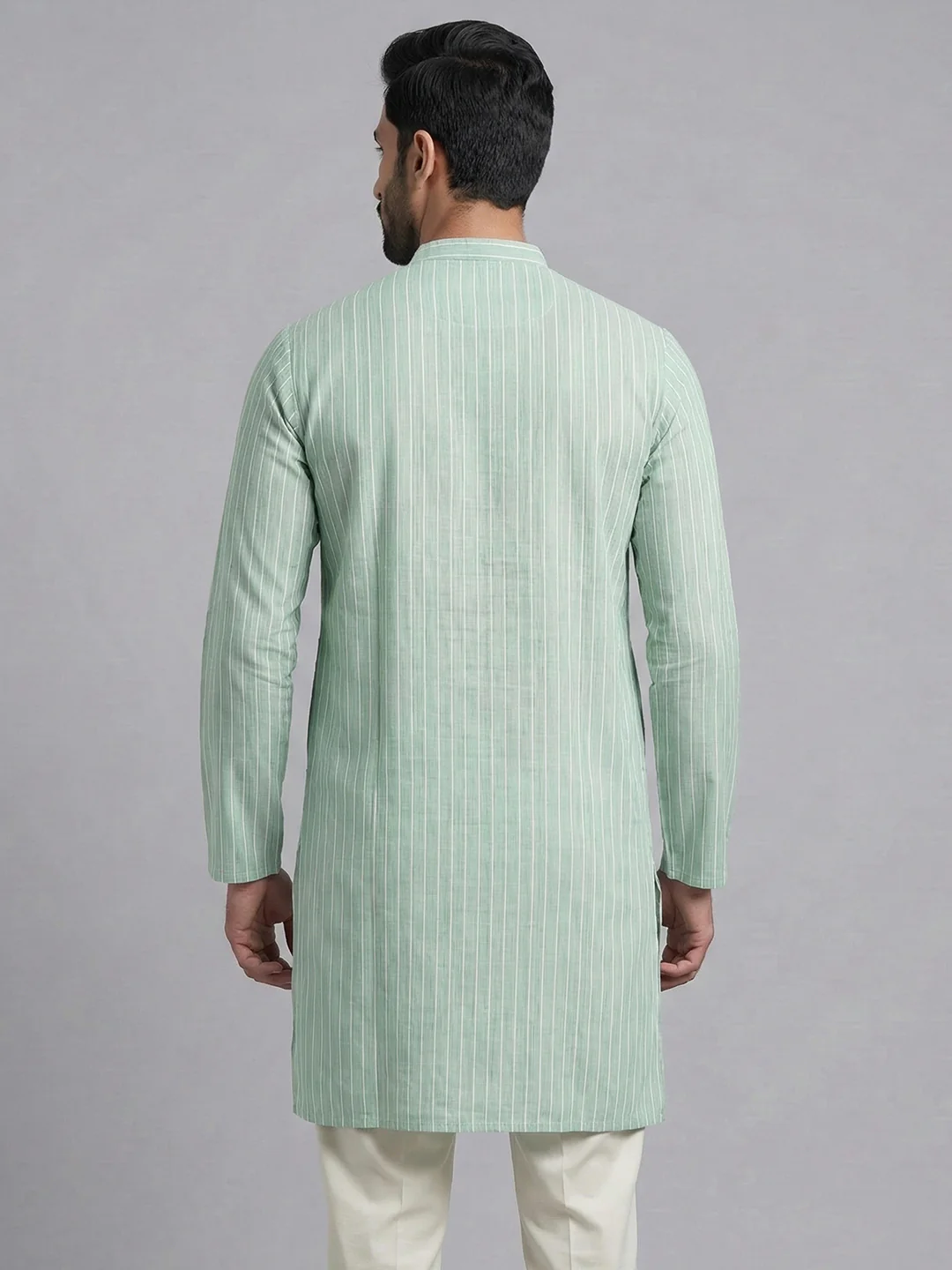 Men Cotton Medium Length Striped Pocket Kurta Pale Green RN51 - Image 4