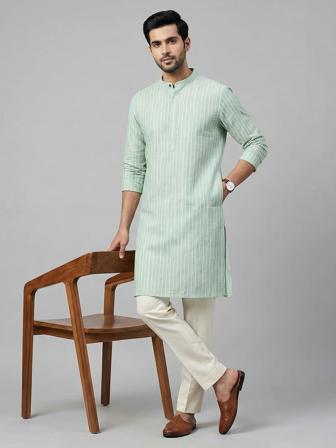 Men Cotton Medium Length Striped Pocket Kurta Pale Green RN51 - Image 5
