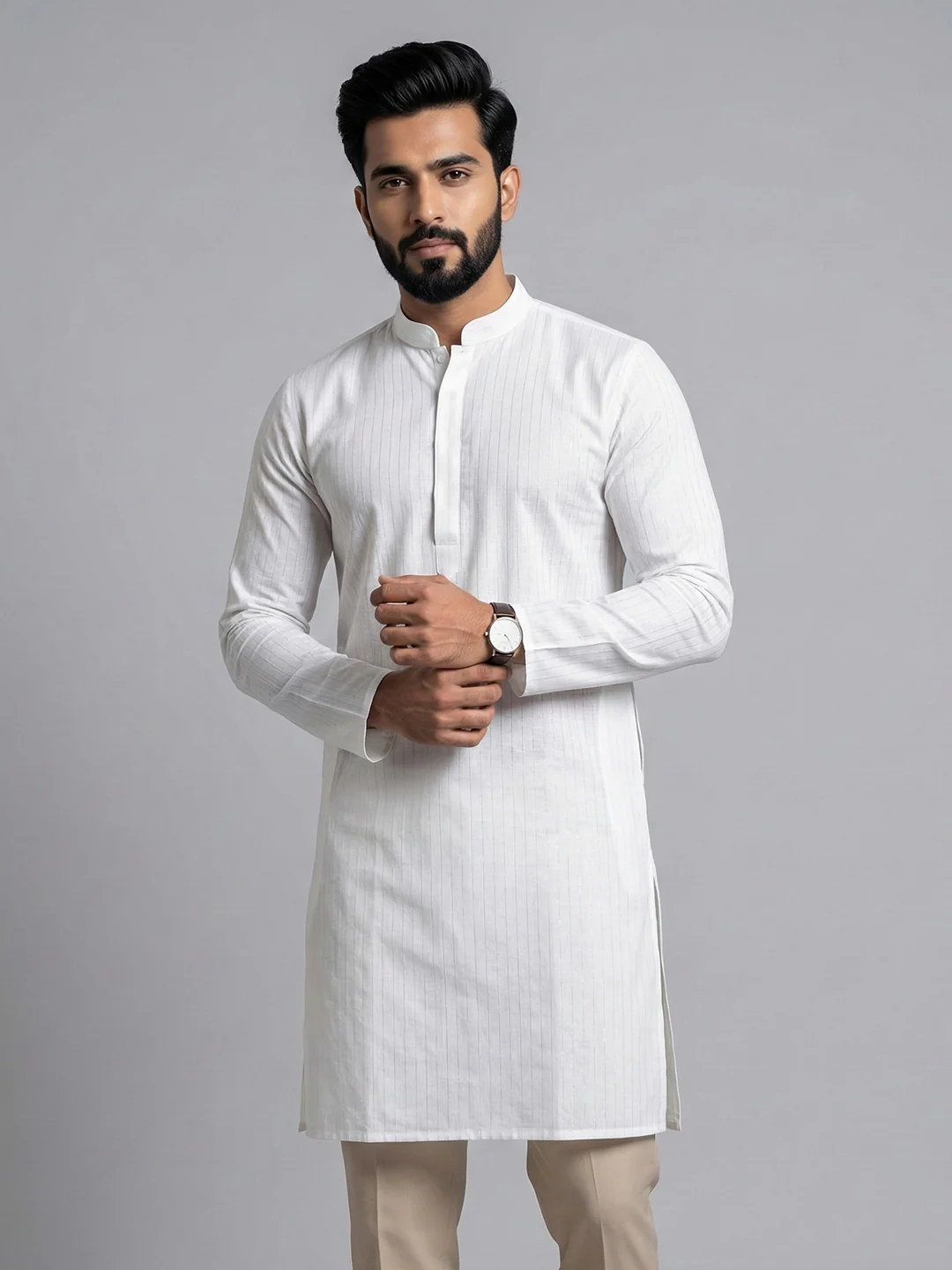 Men Cotton Medium Length Striped Pocket Kurta White RN42 - Image 2