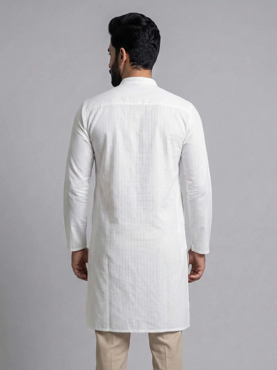 Men Cotton Medium Length Striped Pocket Kurta White RN42 - Image 4