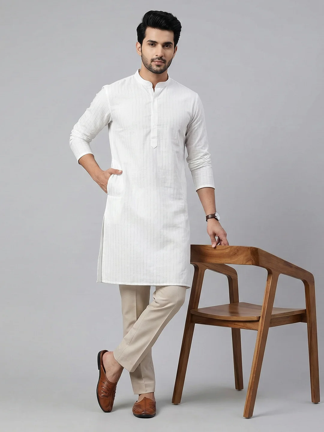 Men Cotton Medium Length Striped Pocket Kurta White RN42 - Image 5