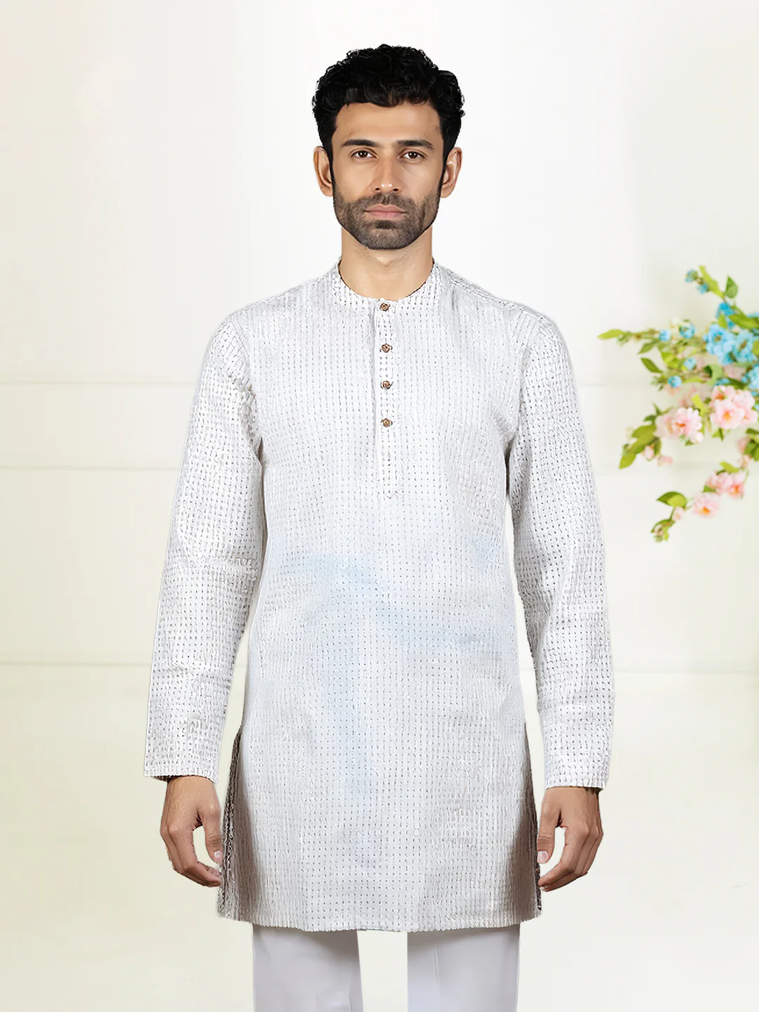 Men Cotton Medium Length Self Design Pocket Kurta White PC7