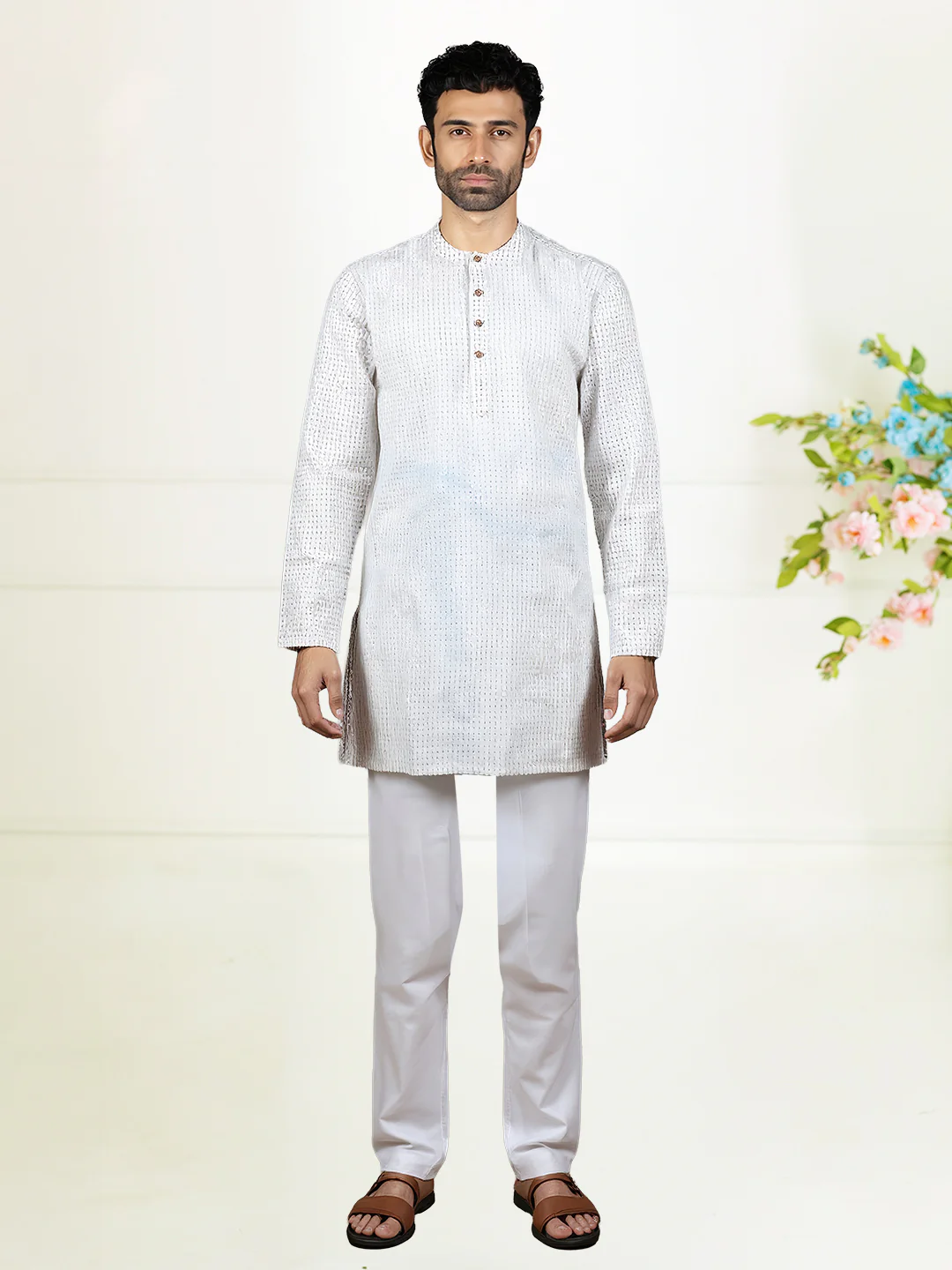 Men Cotton Medium Length Self Design Pocket Kurta White PC7 - Image 2