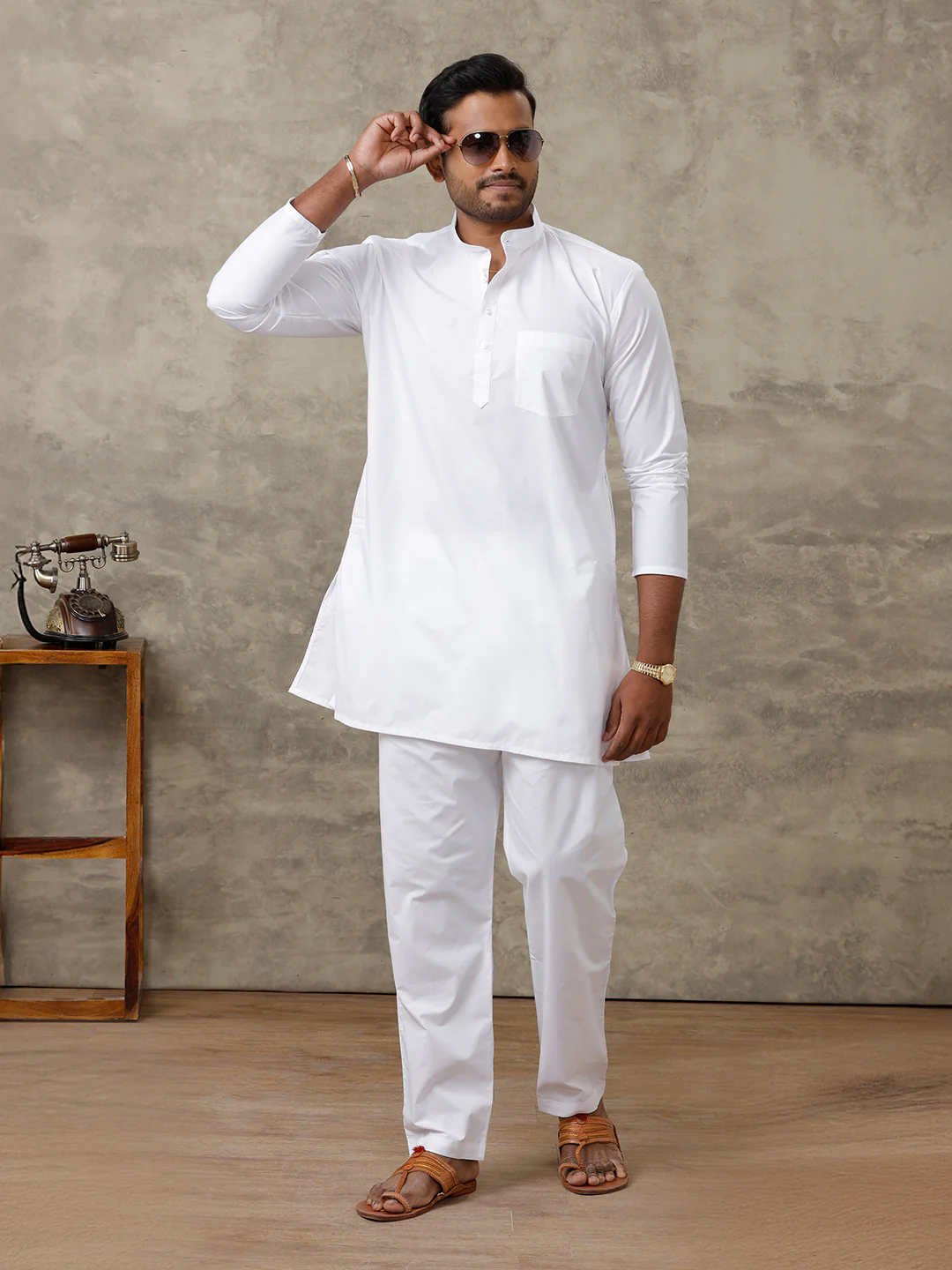 Men Cotton Medium Length White Kurta Pyjama Set - Image 2