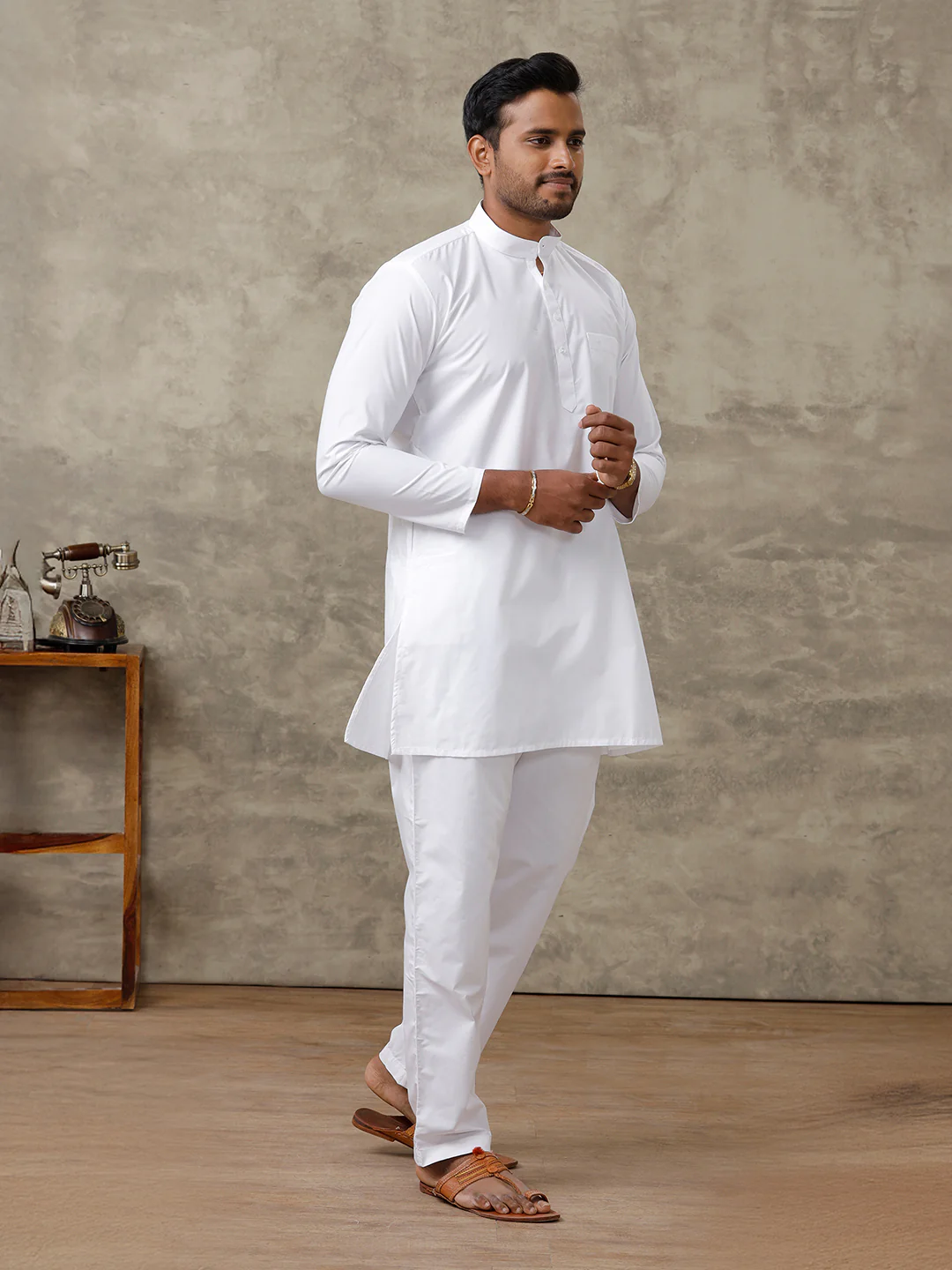 Men Cotton Medium Length White Kurta Pyjama Set - Image 3