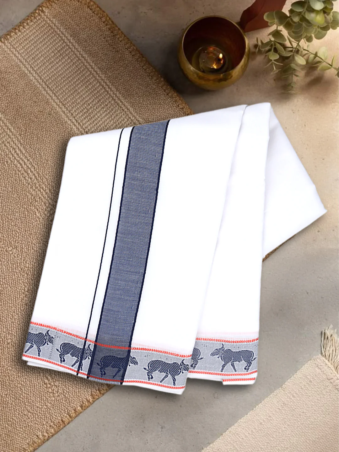Men Cotton Navy Fancy Border Panchakacham with Angavasthram Srirasthu(9+5) SR41 - Image 3