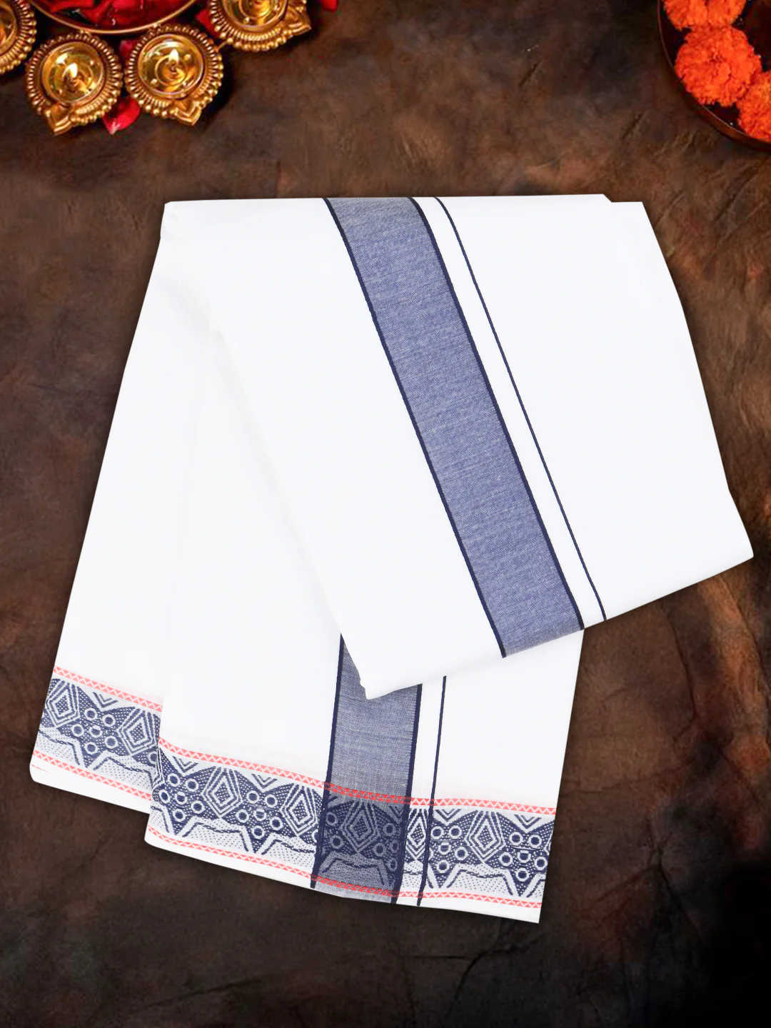 Men Cotton Navy Fancy Border Panchakacham with Angavasthram Srirasthu(9+5) SR42 - Image 2