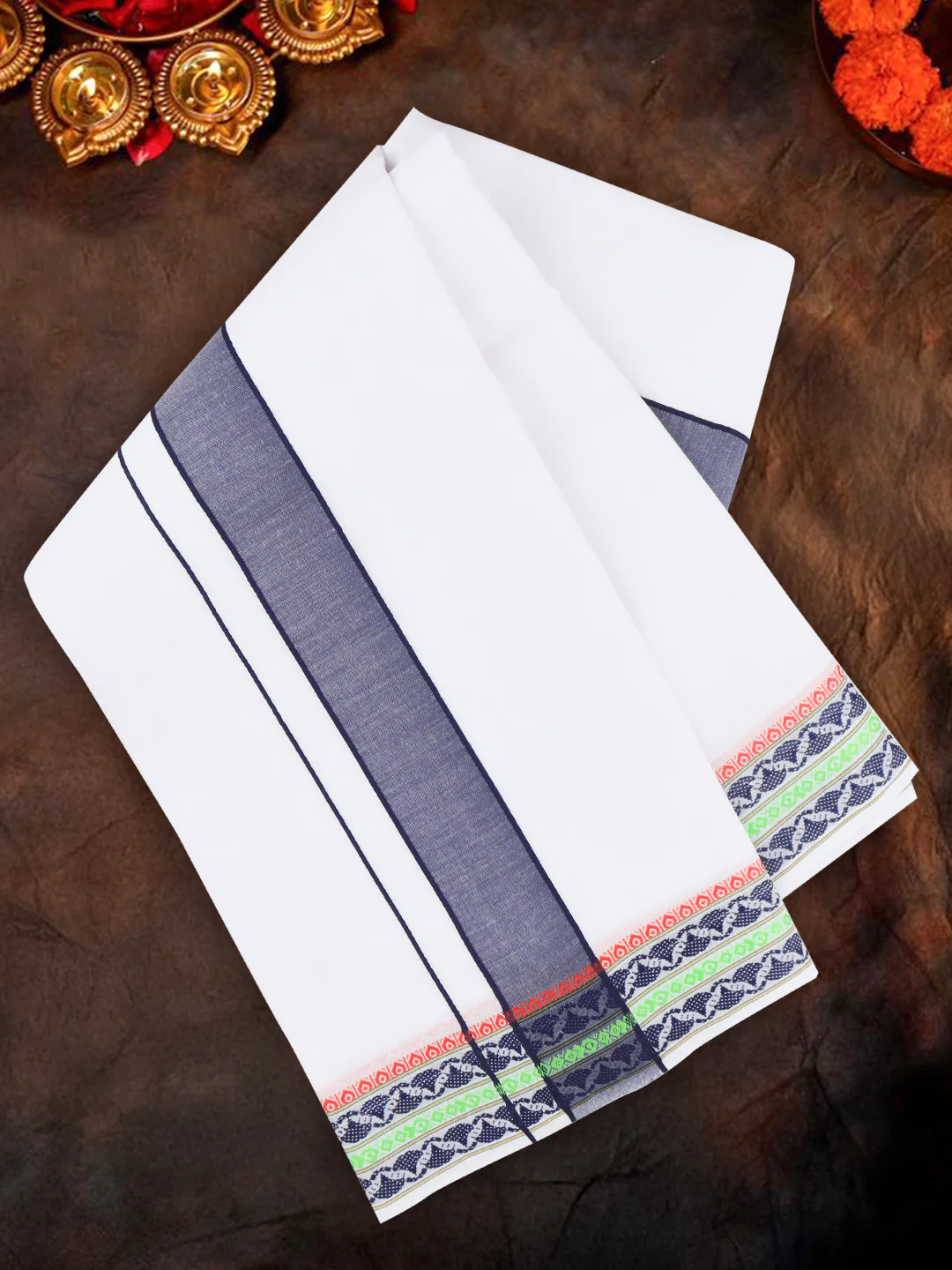 Men Cotton Navy Fancy Border Panchakacham with Angavasthram Srirasthu(9+5) SR56 - Image 2