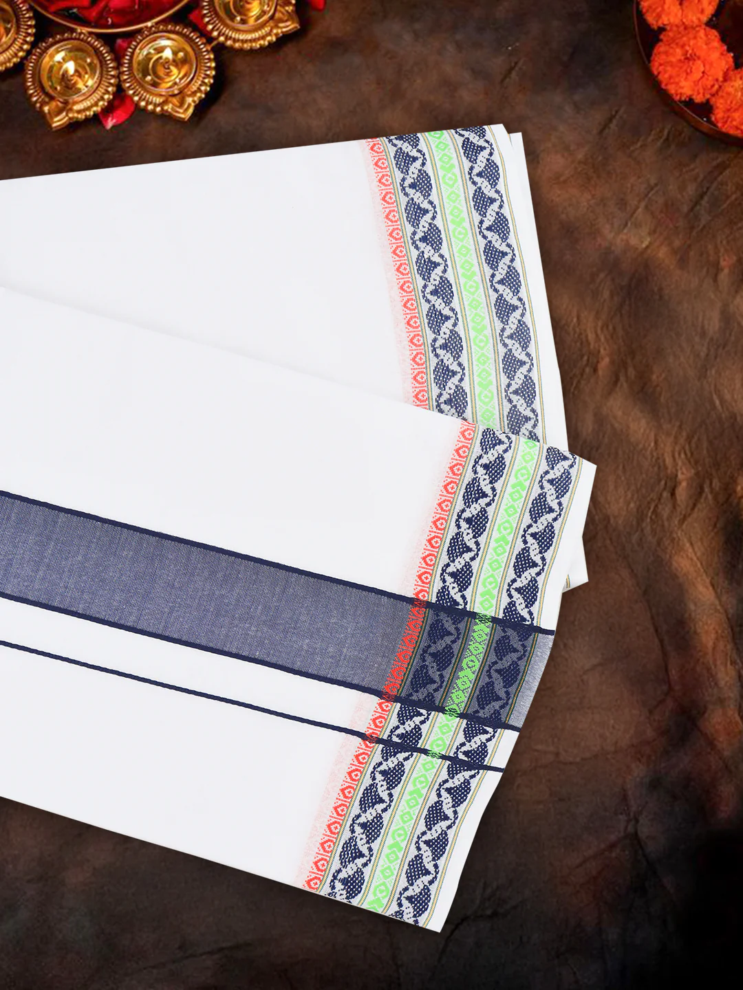 Men Cotton Navy Fancy Border Panchakacham with Angavasthram Srirasthu(9+5) SR56 - Image 3