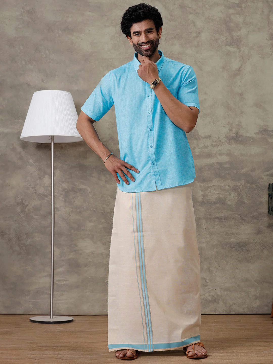 Men Cotton Rich Blue Shirt and Tissue Dhoti Set C11 - Image 2