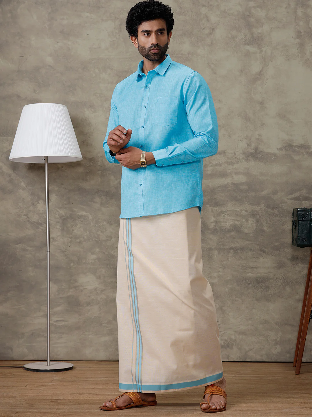 Men Cotton Rich Blue Shirt and Tissue Dhoti Set C11 - Image 3