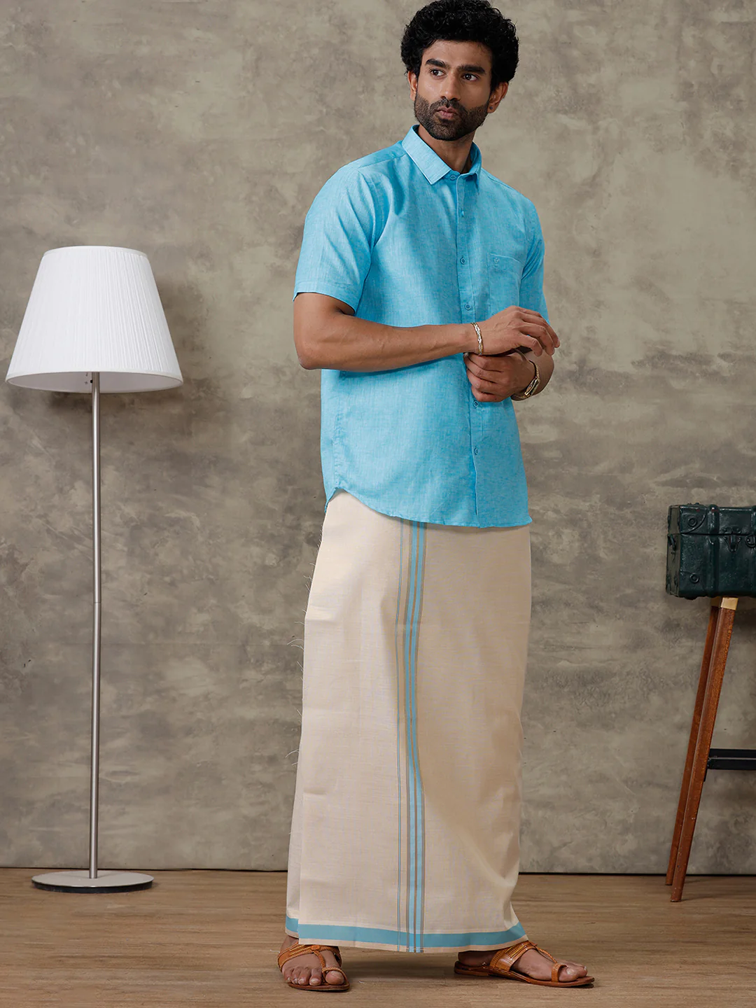 Men Cotton Rich Blue Shirt and Tissue Dhoti Set C11 - Image 4