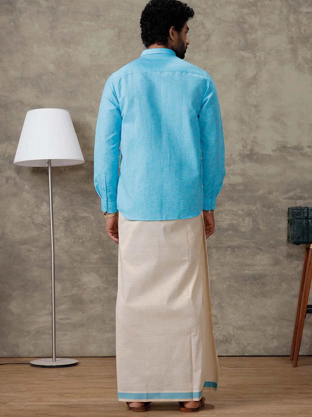 Men Cotton Rich Blue Shirt and Tissue Dhoti Set C11 - Image 7