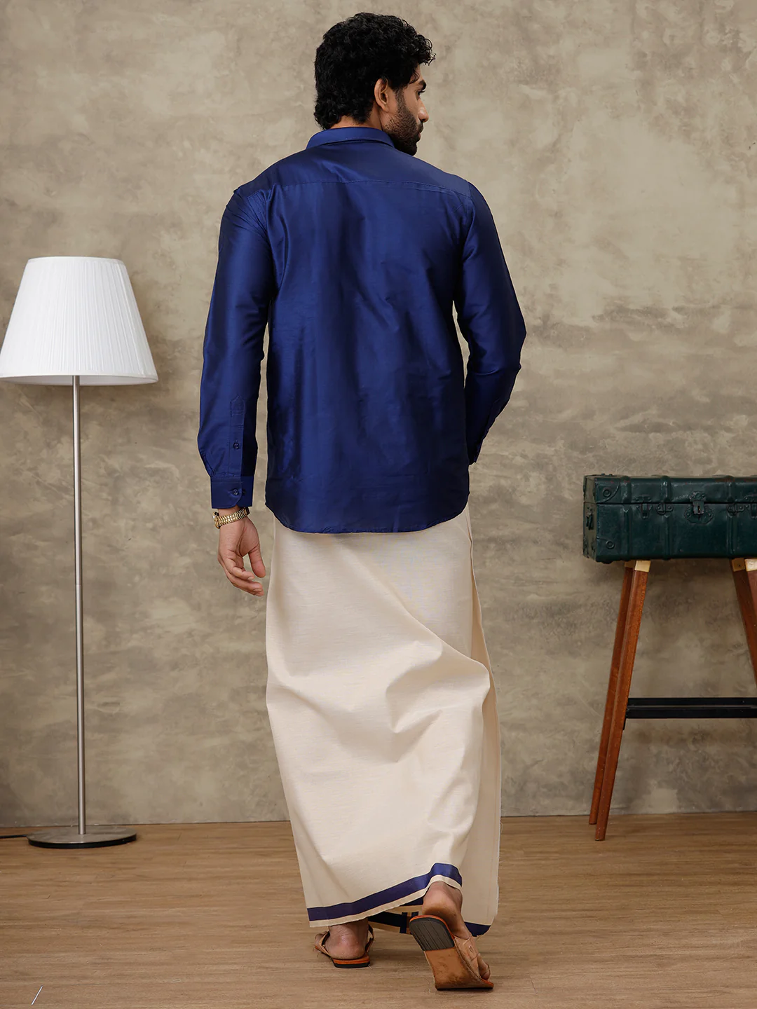 Men Cotton Rich Blue Shirt and Tissue Dhoti Set SMC4 - Image 4