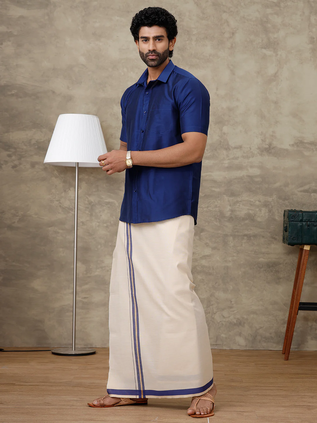 Men Cotton Rich Blue Shirt and Tissue Dhoti Set SMC4 - Image 6