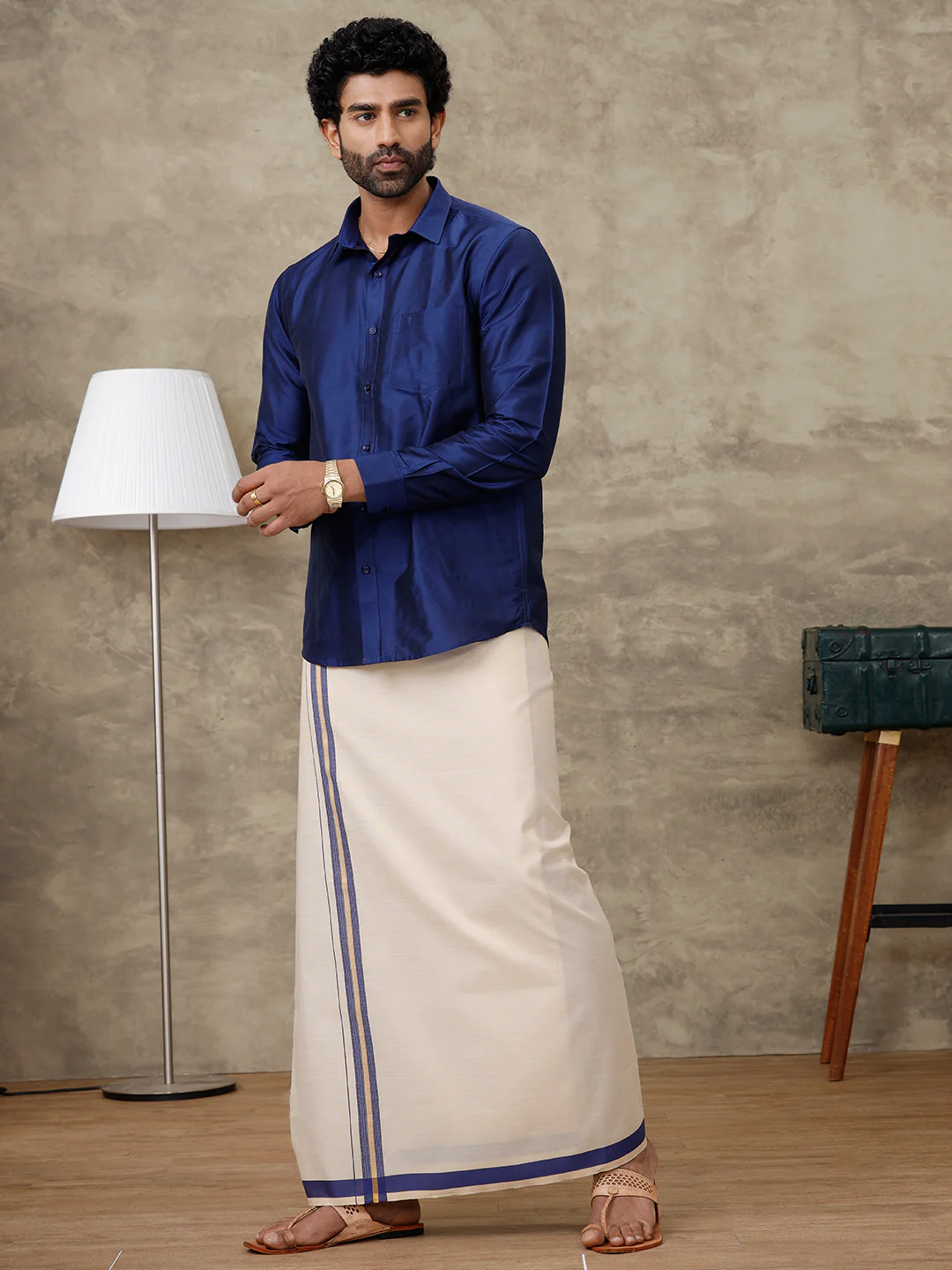 Men Cotton Rich Blue Shirt and Tissue Dhoti Set SMC4 - Image 7