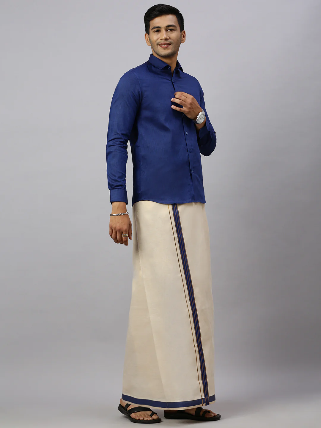 Men Cotton Rich C.Blue Shirt and Tissue Dhoti Set C80 - Image 3