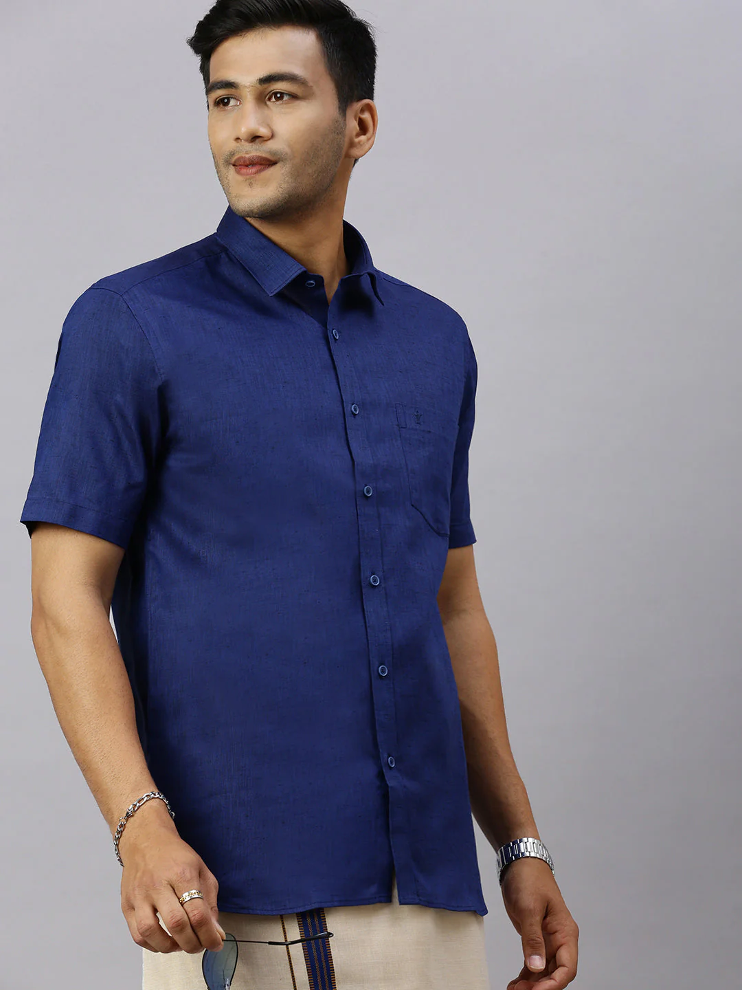 Men Cotton Rich C.Blue Shirt and Tissue Dhoti Set C80 - Image 6