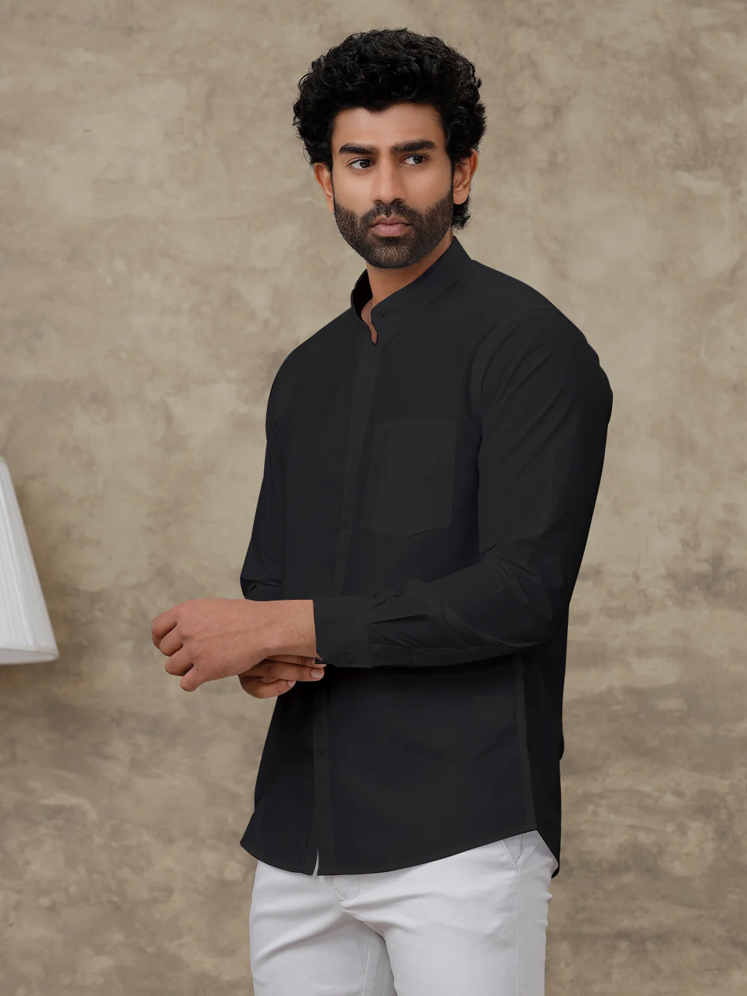 Men Cotton Rich Chinese Collar Shirt Culture Club Black - Image 2
