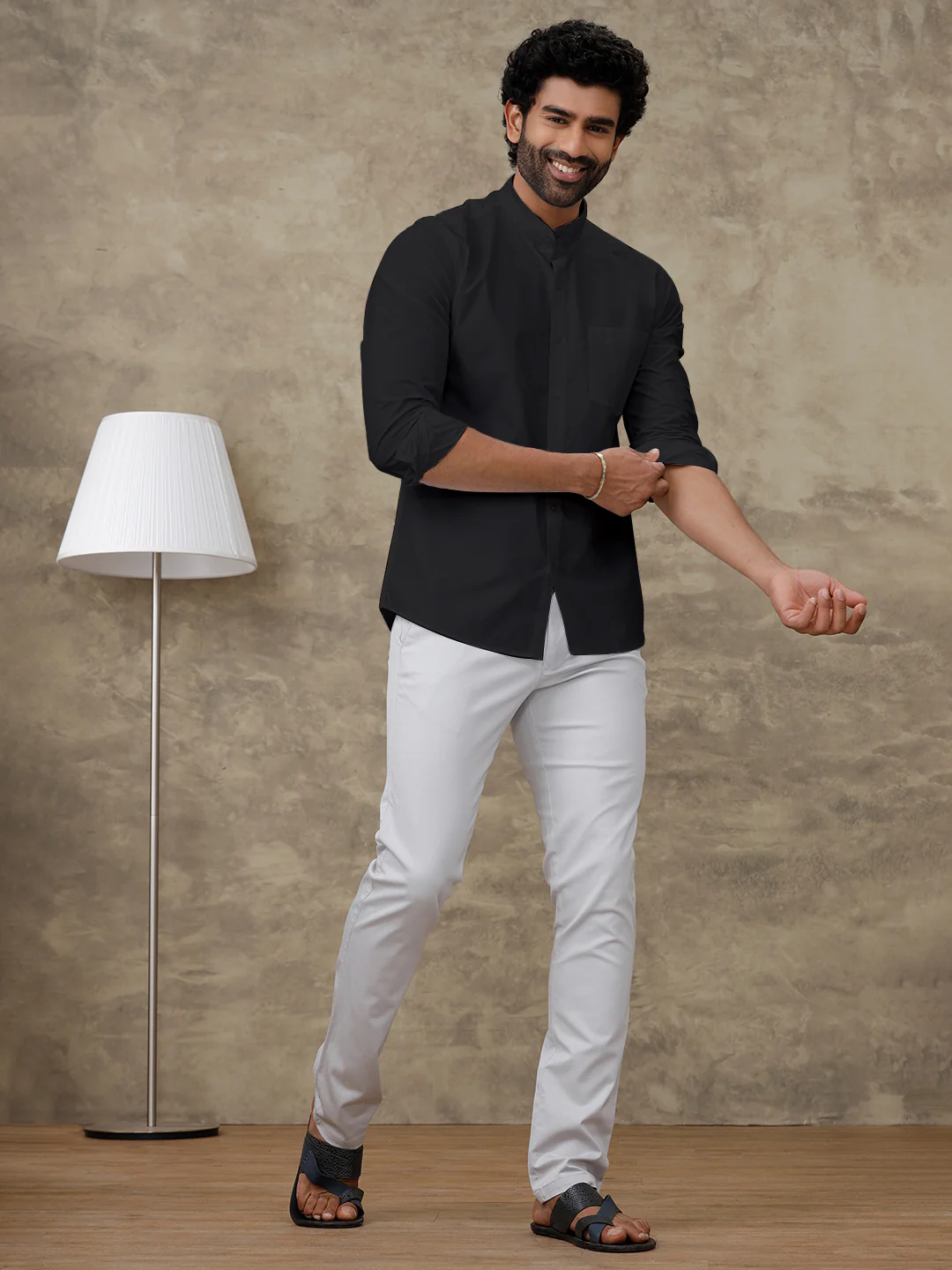Men Cotton Rich Chinese Collar Shirt Culture Club Black - Image 5