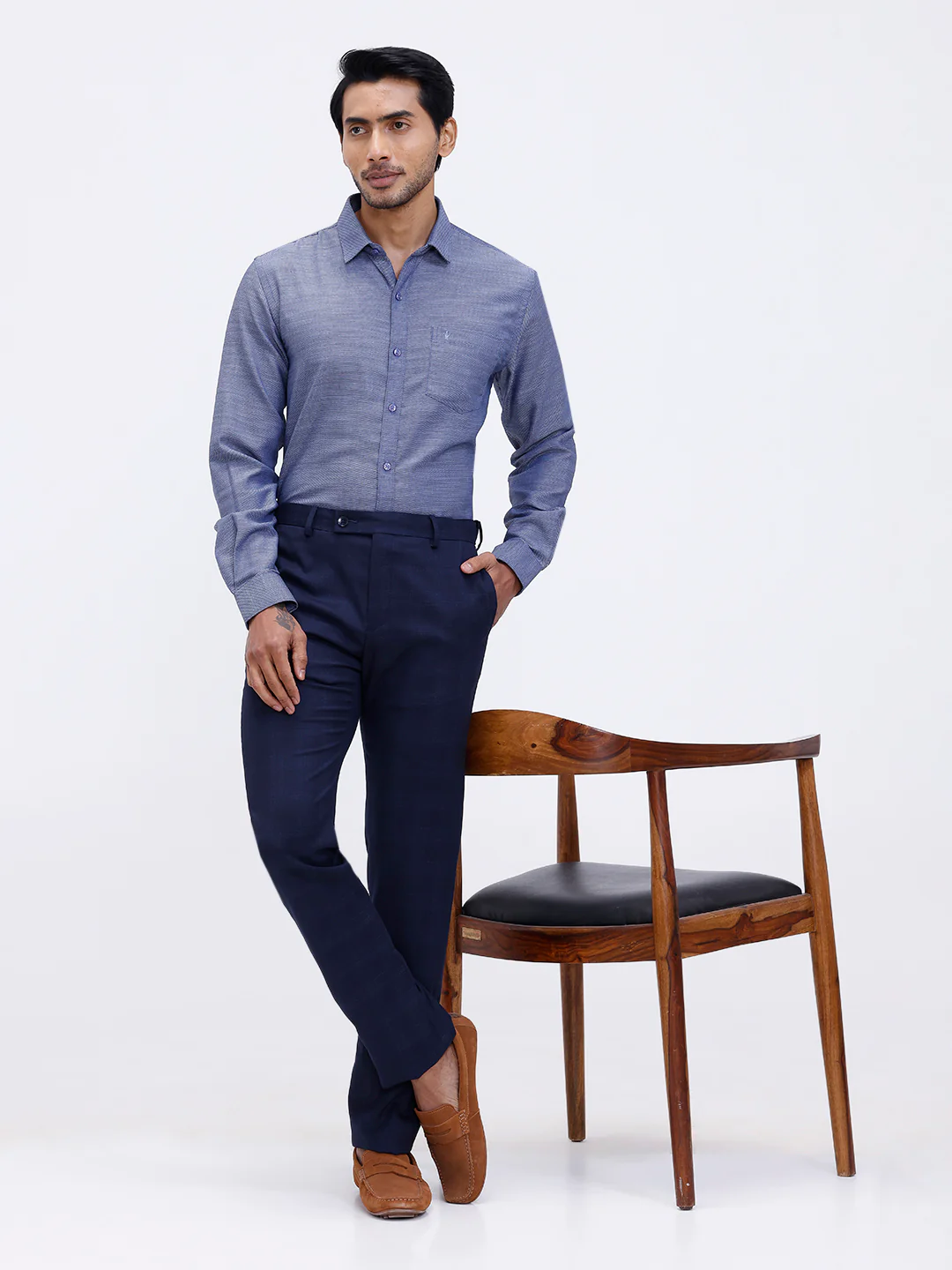 Men Cotton Rich Full Sleeve Shirt Blue Dobby T59 AIT1 - Image 2