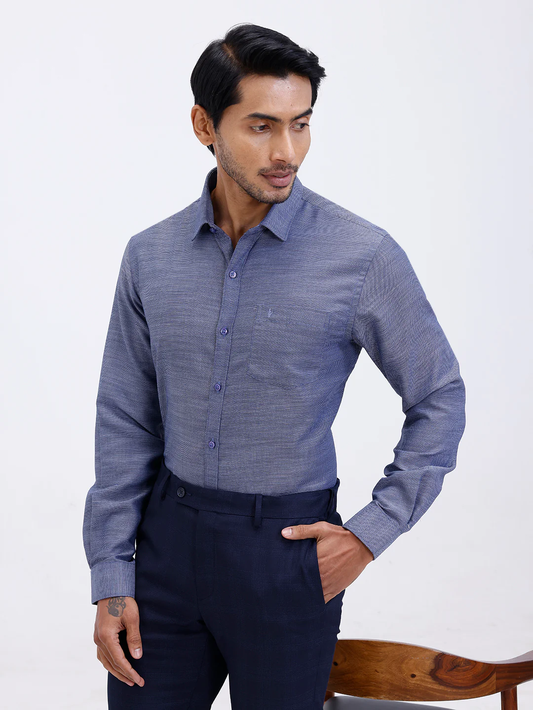 Men Cotton Rich Full Sleeve Shirt Blue Dobby T59 AIT1 - Image 6