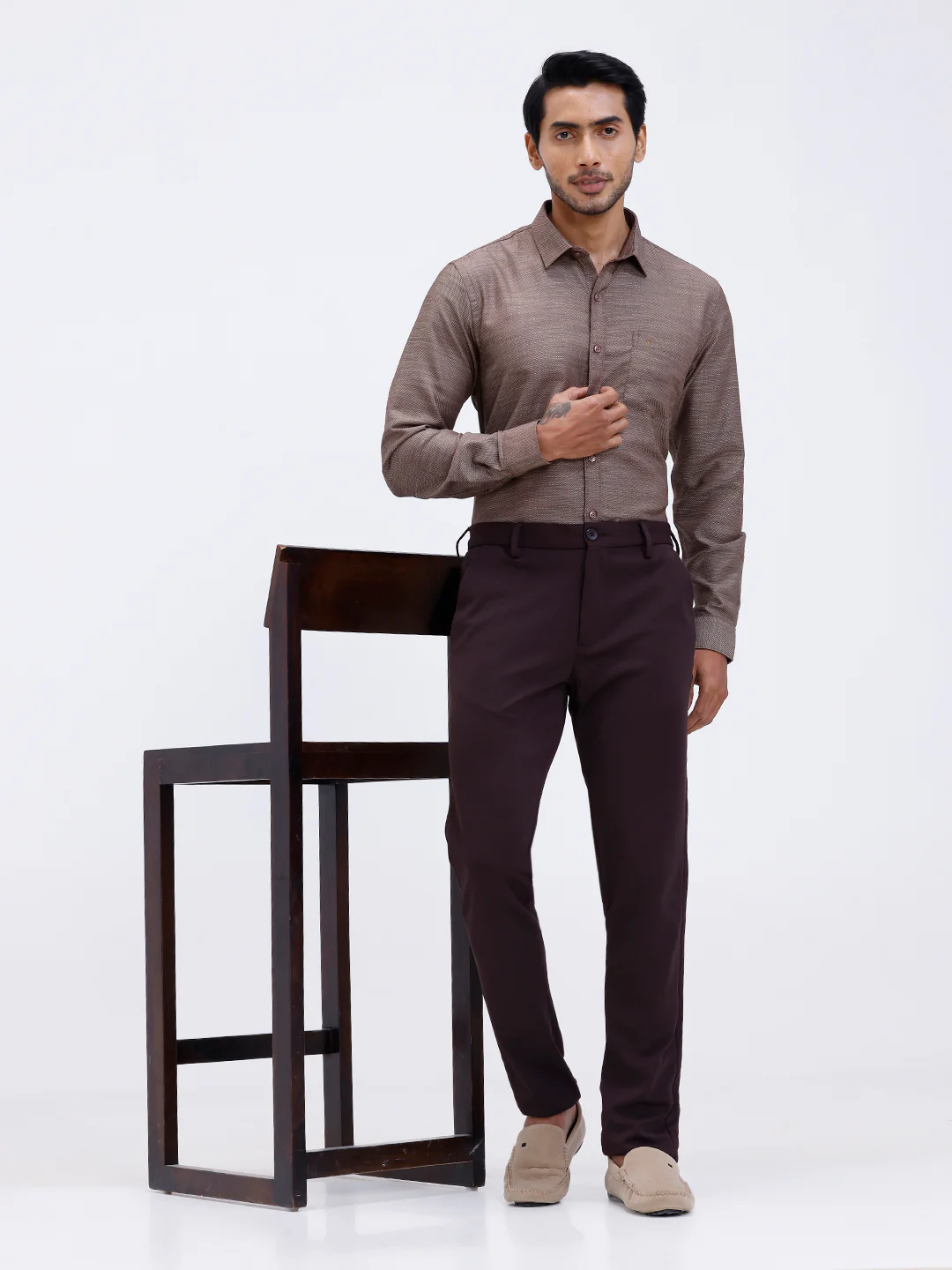 Men Cotton Rich Full Sleeve Shirt Brown Dobby T59 AIT4 - Image 2