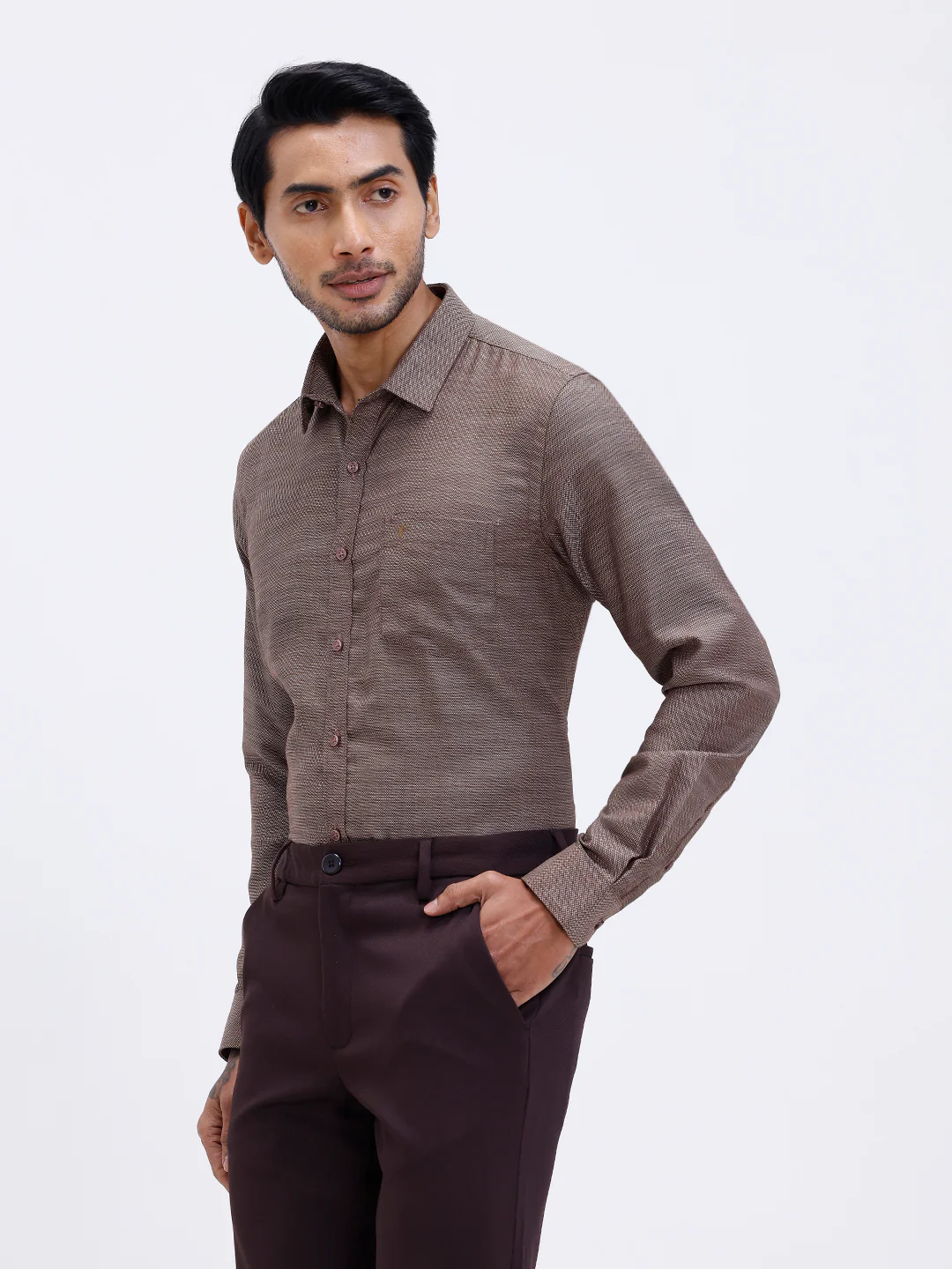 Men Cotton Rich Full Sleeve Shirt Brown Dobby T59 AIT4 - Image 4